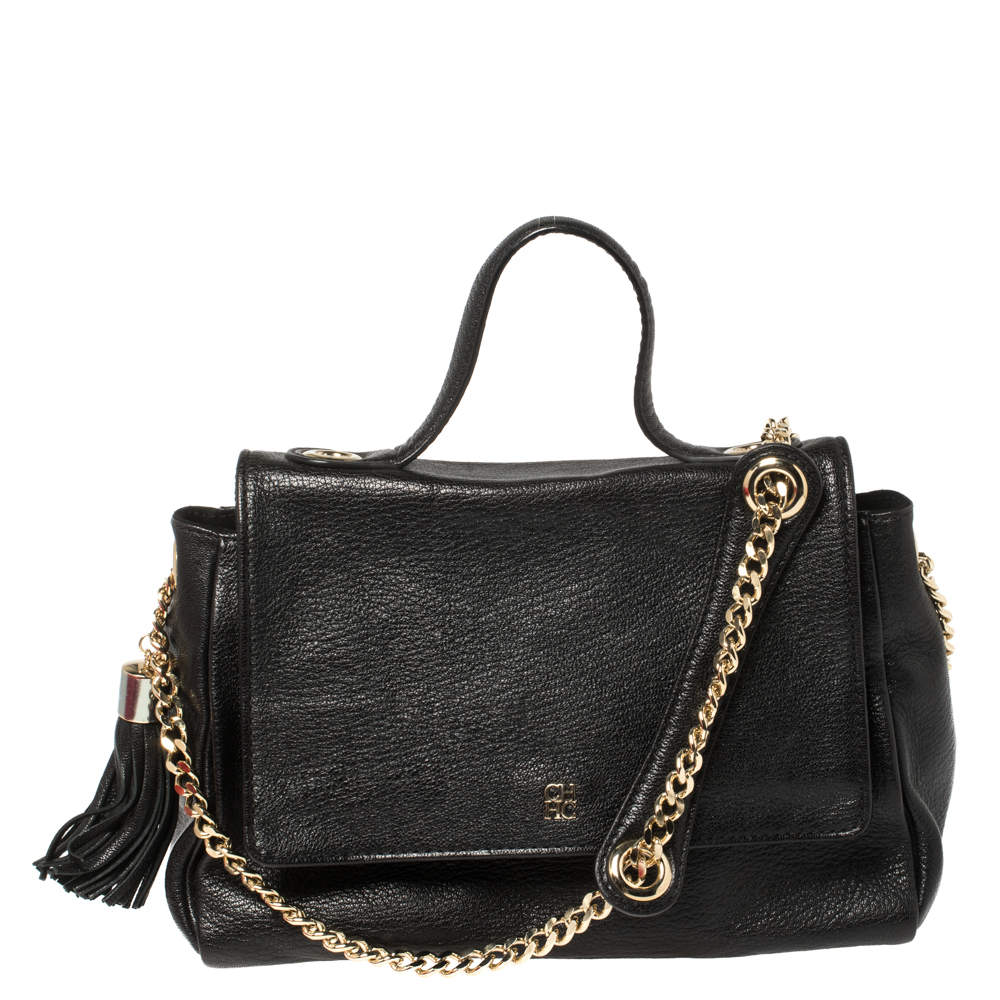 Carolina Herrera Black Leather Flap Tassel Top Handle Bag
