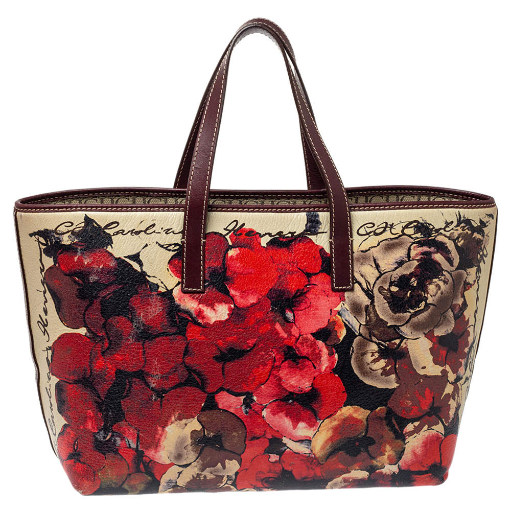 Pre Owned Carolina Herrera Multicolor Floral Print Leather Shopper Tote
