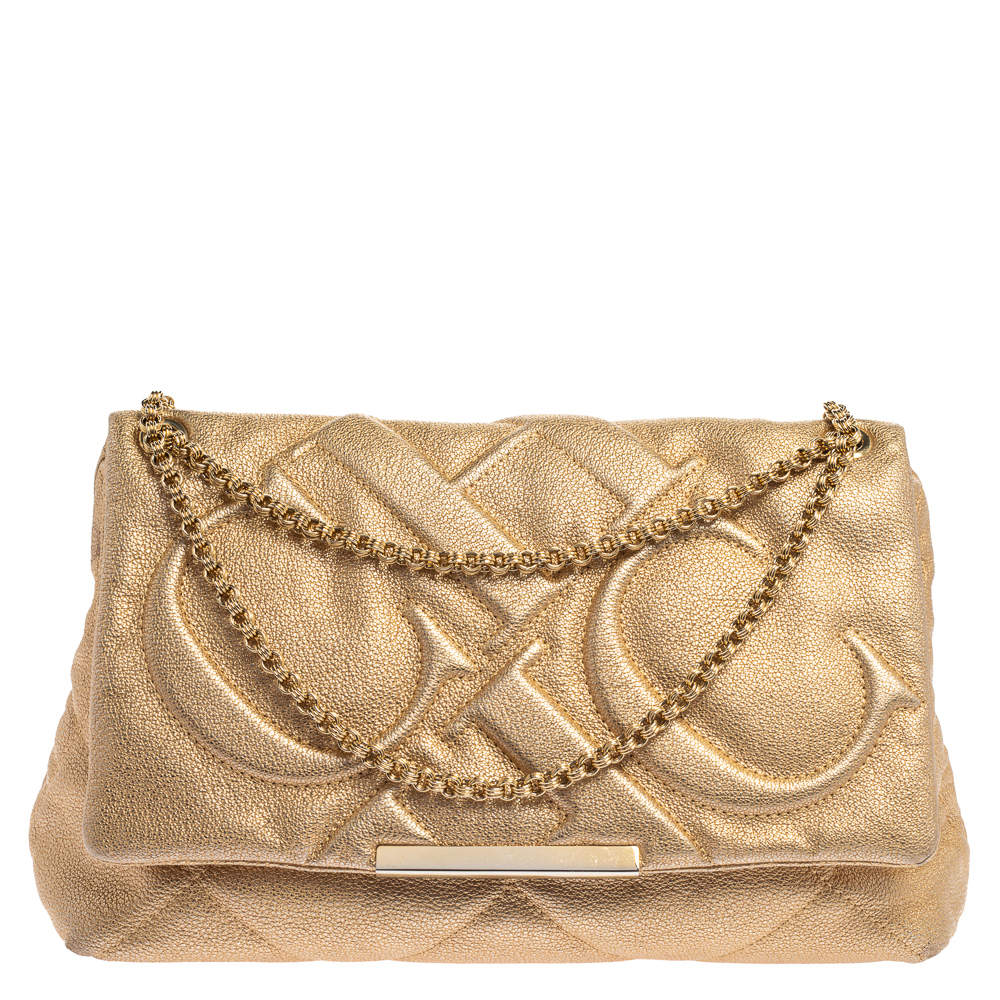 Pre Owned Carolina Herrera Metallic Gold Quilted Leather Flap Chain Shoulder Bag
