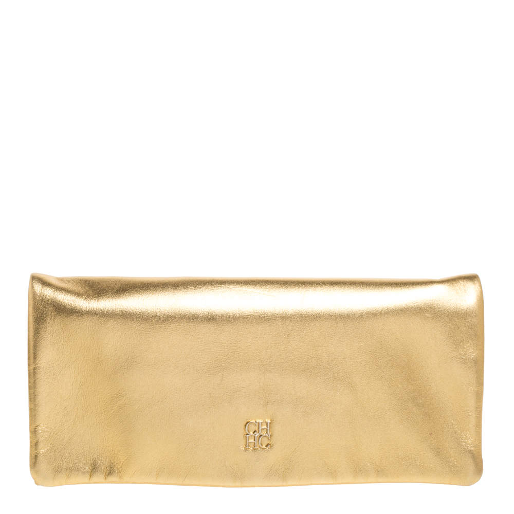 Carolina Herrera Gold Leather Flap Logo Clutch