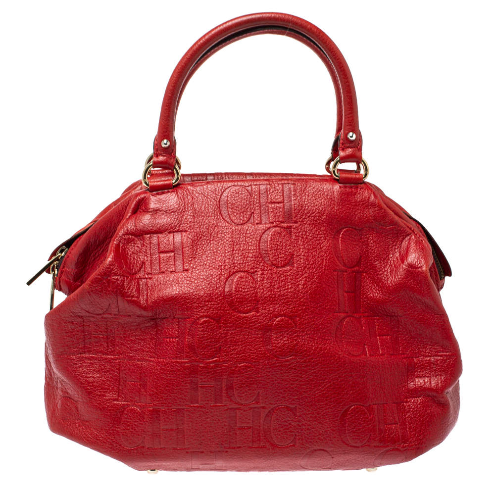 Pre Owned Carolina Herrera Red Monogram Leather Dome Satchel