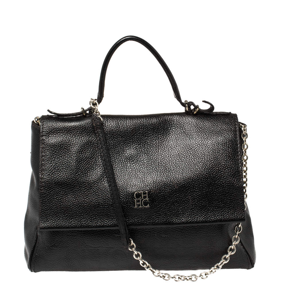 Pre Owned Carolina Herrera Black Leather Minueto Flap Bag