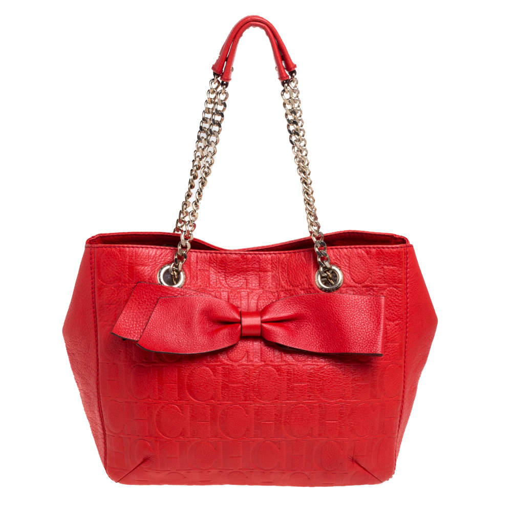 Pre Owned Carolina Herrera Orange Monogram Leather Audrey Tote