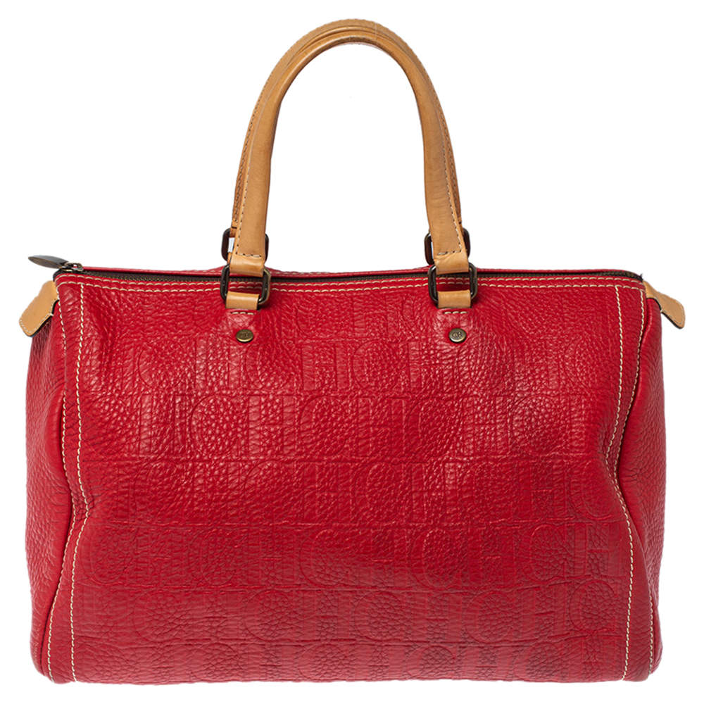Pre Owned Carolina Herrera Red Monogram Leather Large Andy Boston Bag