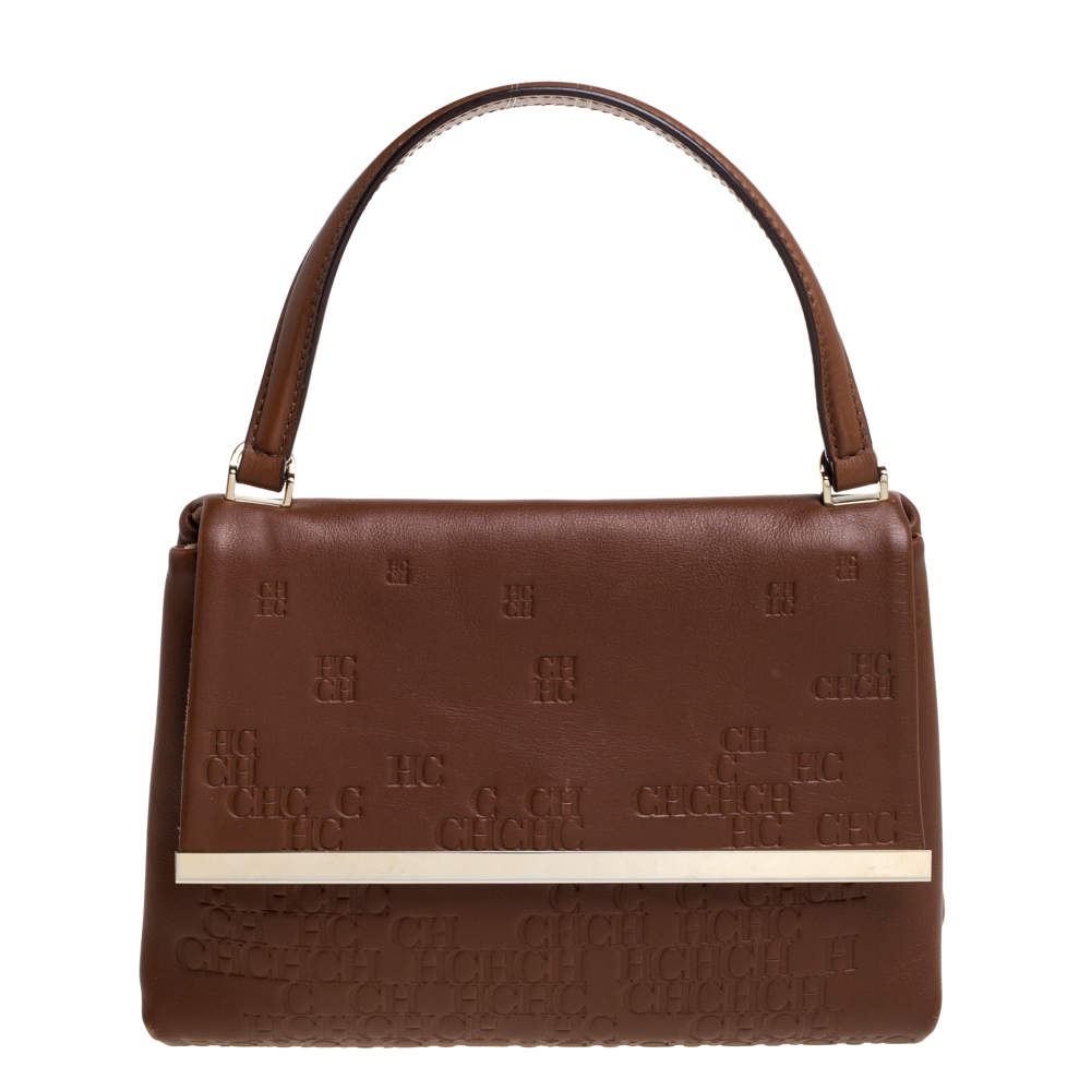 Pre Owned Carolina Herrera Brown Leather Top Handle Bag