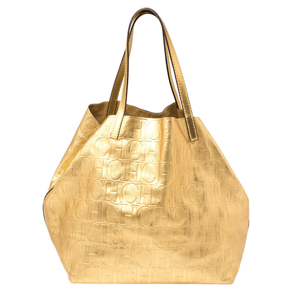 Pre Owned Carolina Herrera Gold Monogram Embossed Leather Tote