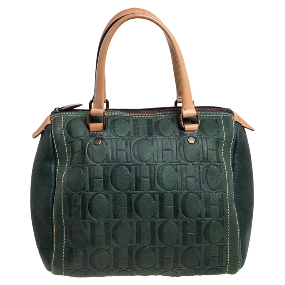 Pre Owned Carolina Herrera Dark Green Monogram Leather Andy Boston Bag