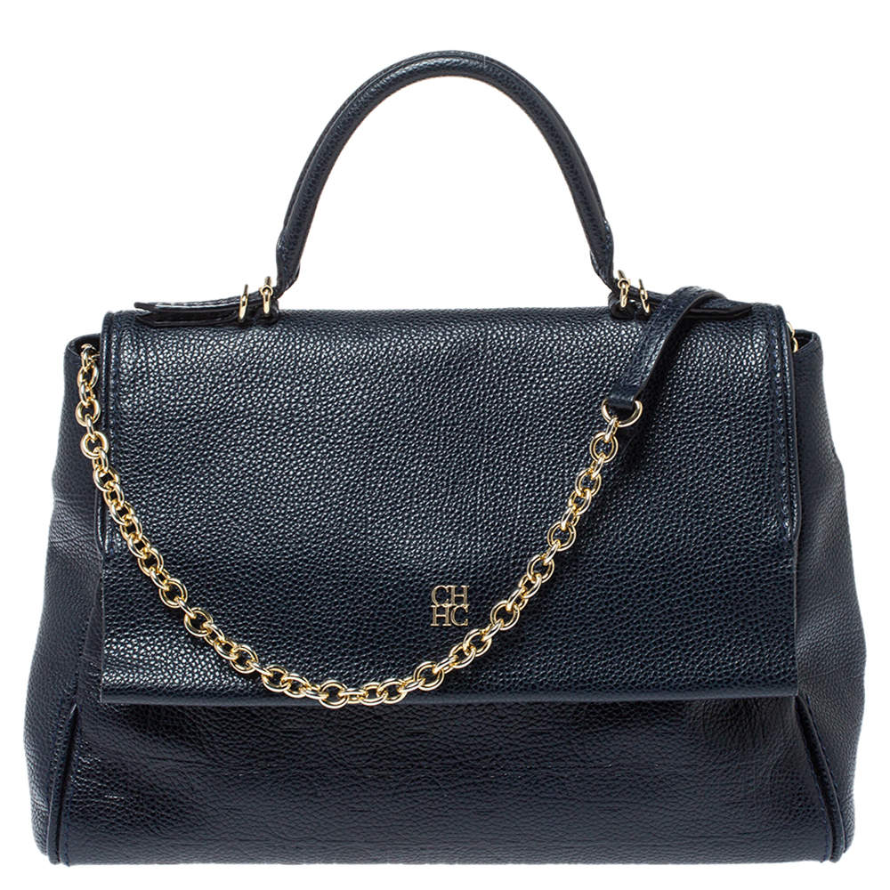Pre Owned Carolina Herrera Navy Blue Monogram Embossed Leather Minuetto Flap Top Handle Bag