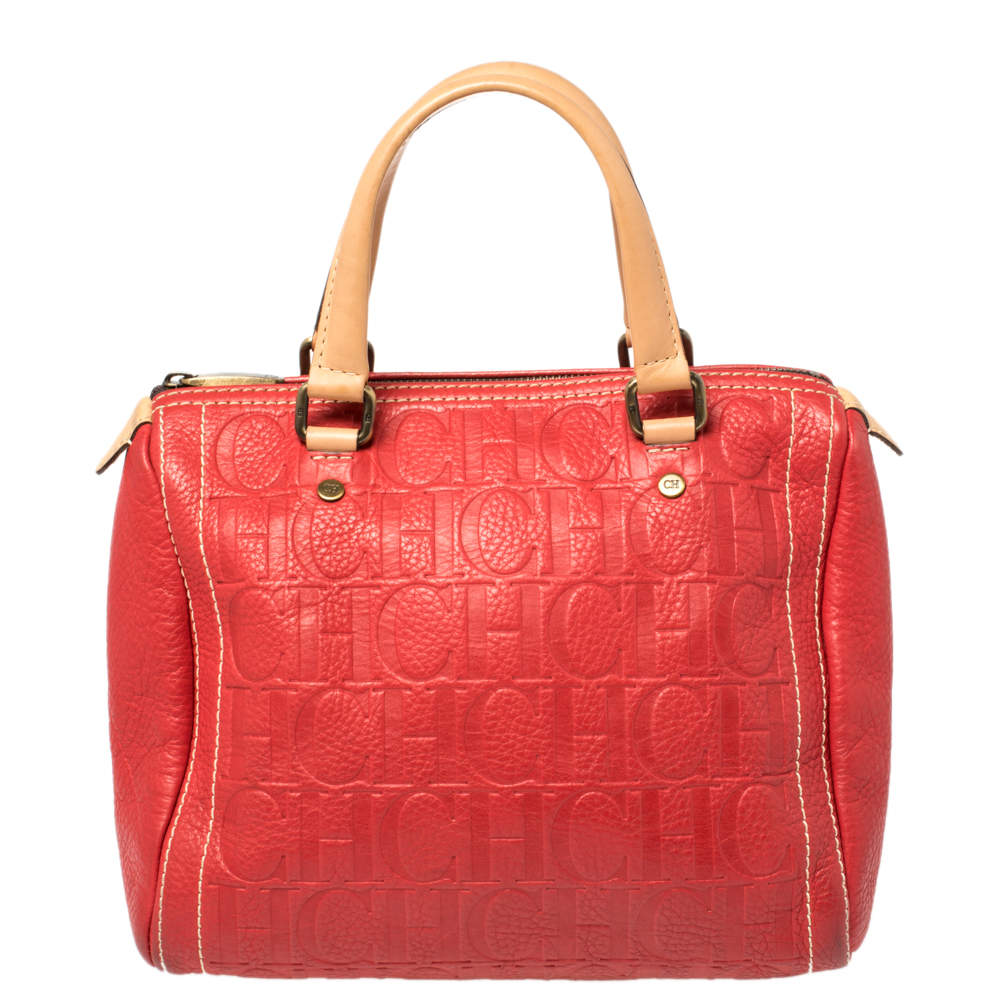 Pre Owned Carolina Herrera Red Monogram Leather Andy Boston Bag