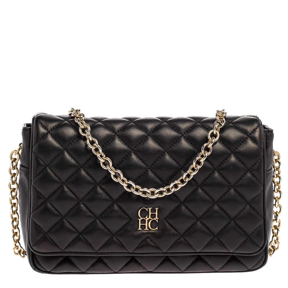 Pre Owned Carolina Herrera Black Quilted Leather Flap Chain Shoulder Bag
