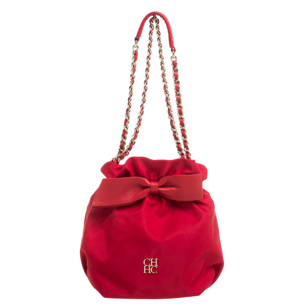 Pre Owned Carolina Herrera Red Nylon and Leather Bow Drawstring Hobo