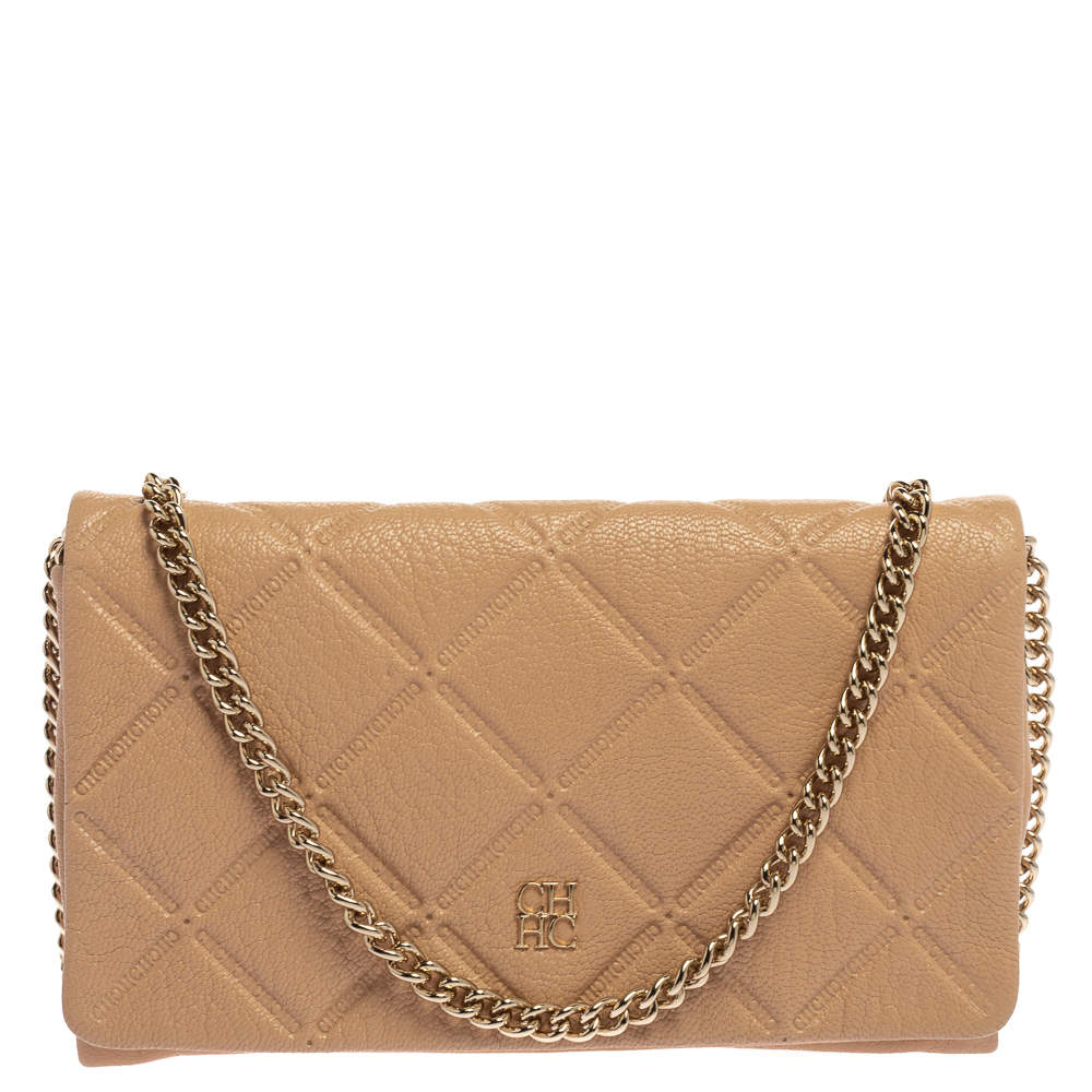 Pre Owned Carolina Herrera Beige Quilted Embossed Leather Flap Chain Clutch