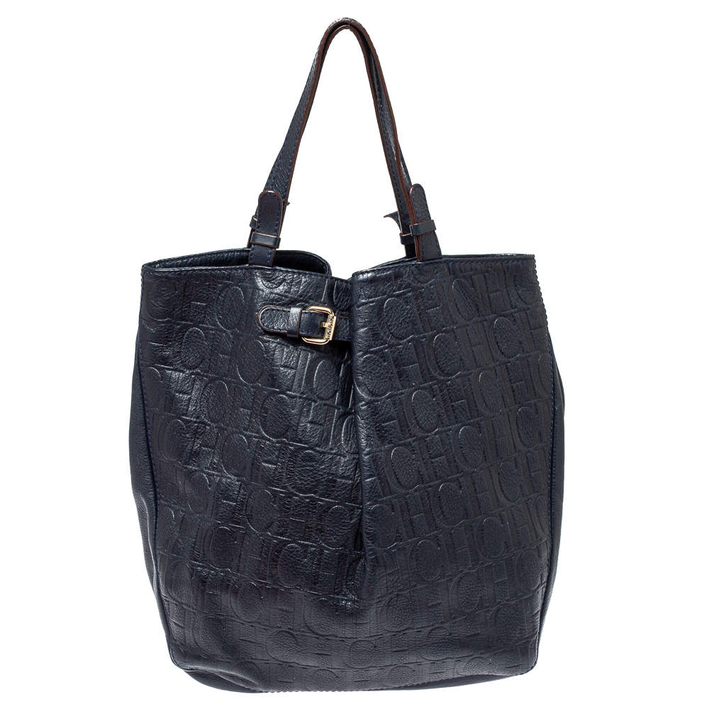 Pre Owned Carolina Herrera Navy Blue Embossed Monogram Leather Buckle Tote