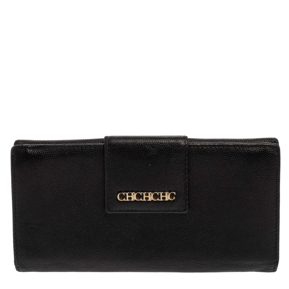 Pre Owned Carolina Herrera Black Leather Flap Continental Wallet
