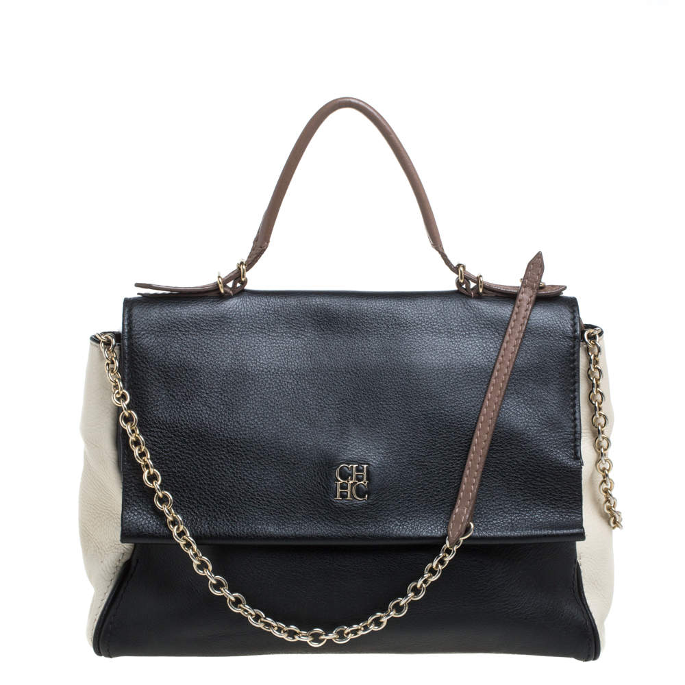 Carolina Herrera Black Leather Minuetto Flap Top Handle Bag