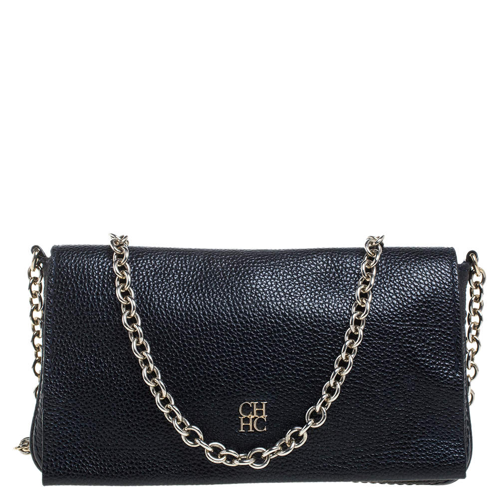 Pre Owned Carolina Herrera Navy Blue Leather Flap Crossbody Bag