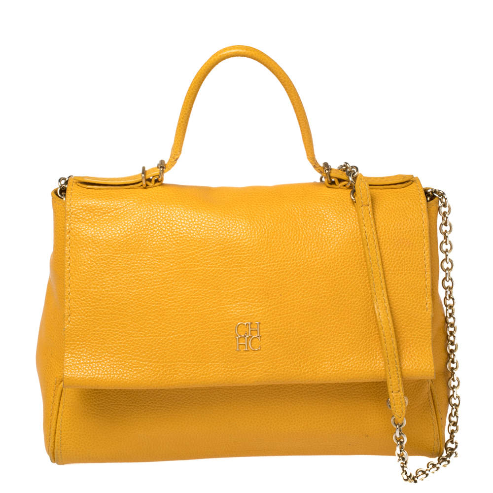Pre Owned Carolina Herrera Yellow Leather Minuetto Flap Top Handle Bag