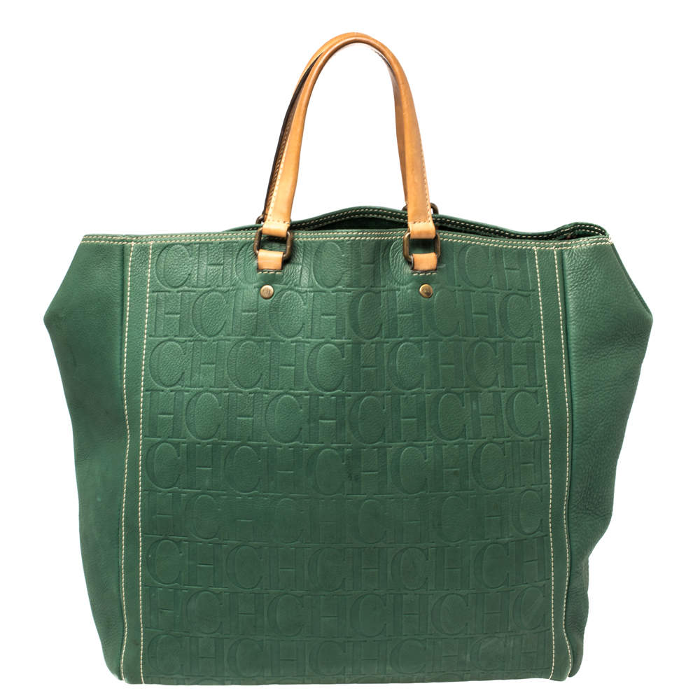 Pre Owned Carolina Herrera Green/Beige Embossed Leather Andy Tote