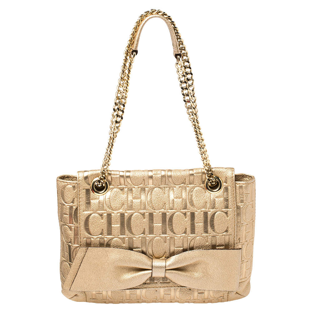 Pre Owned Carolina Herrera Gold Monogram Leather Audrey Shoulder Bag