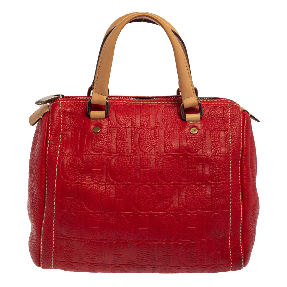 Pre Owned Carolina Herrera Red/Beige Monogram Embossed Leather Andy Boston Bag