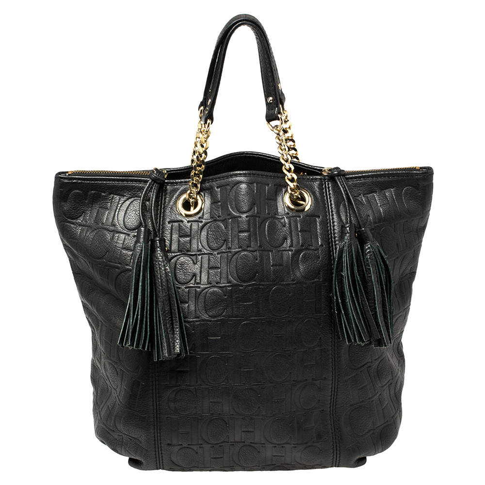 Pre Owned Carolina Herrera Black Monogram Leather Tassel Tote