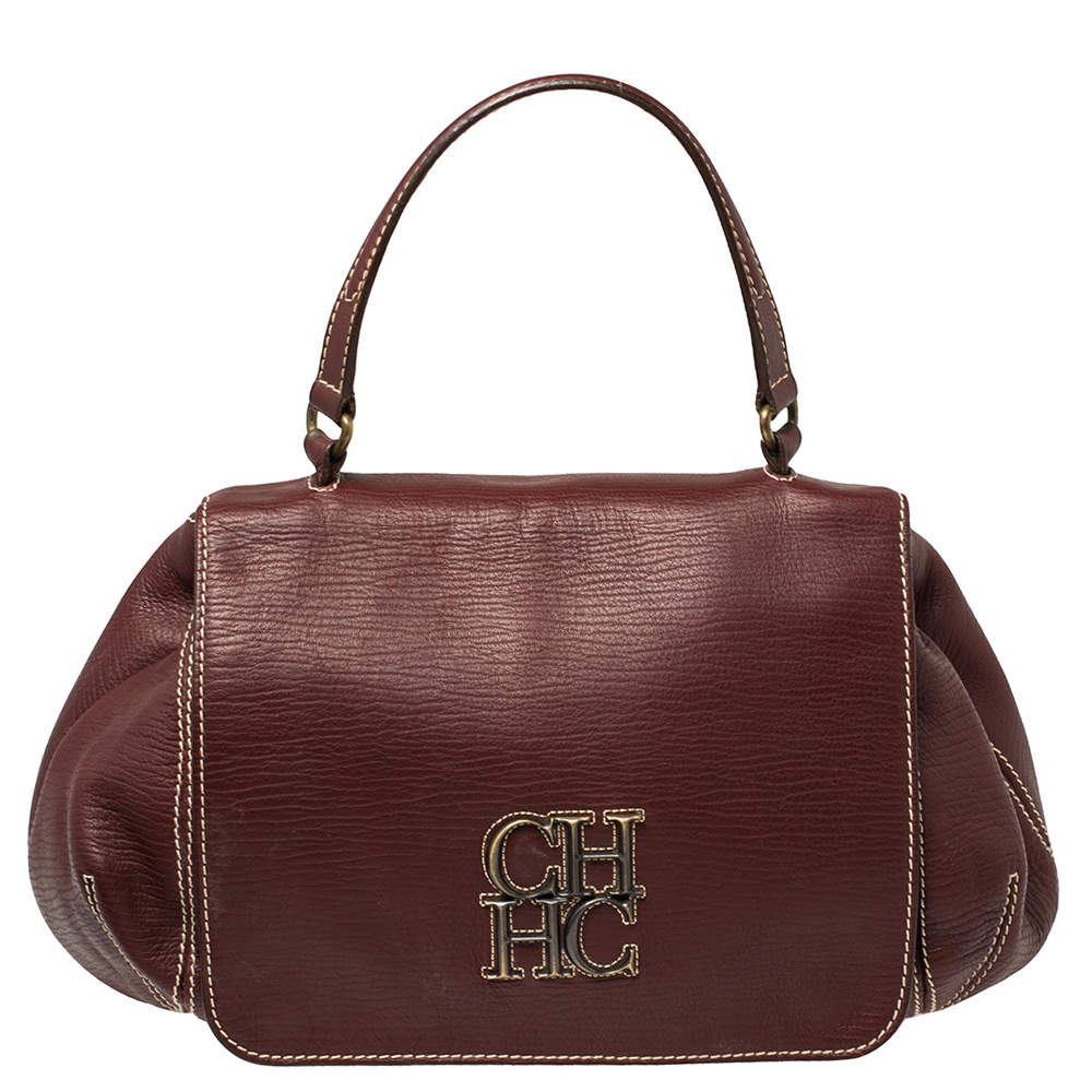 Carolina Herrera Burgundy Leather Flap Top Handle Bag
