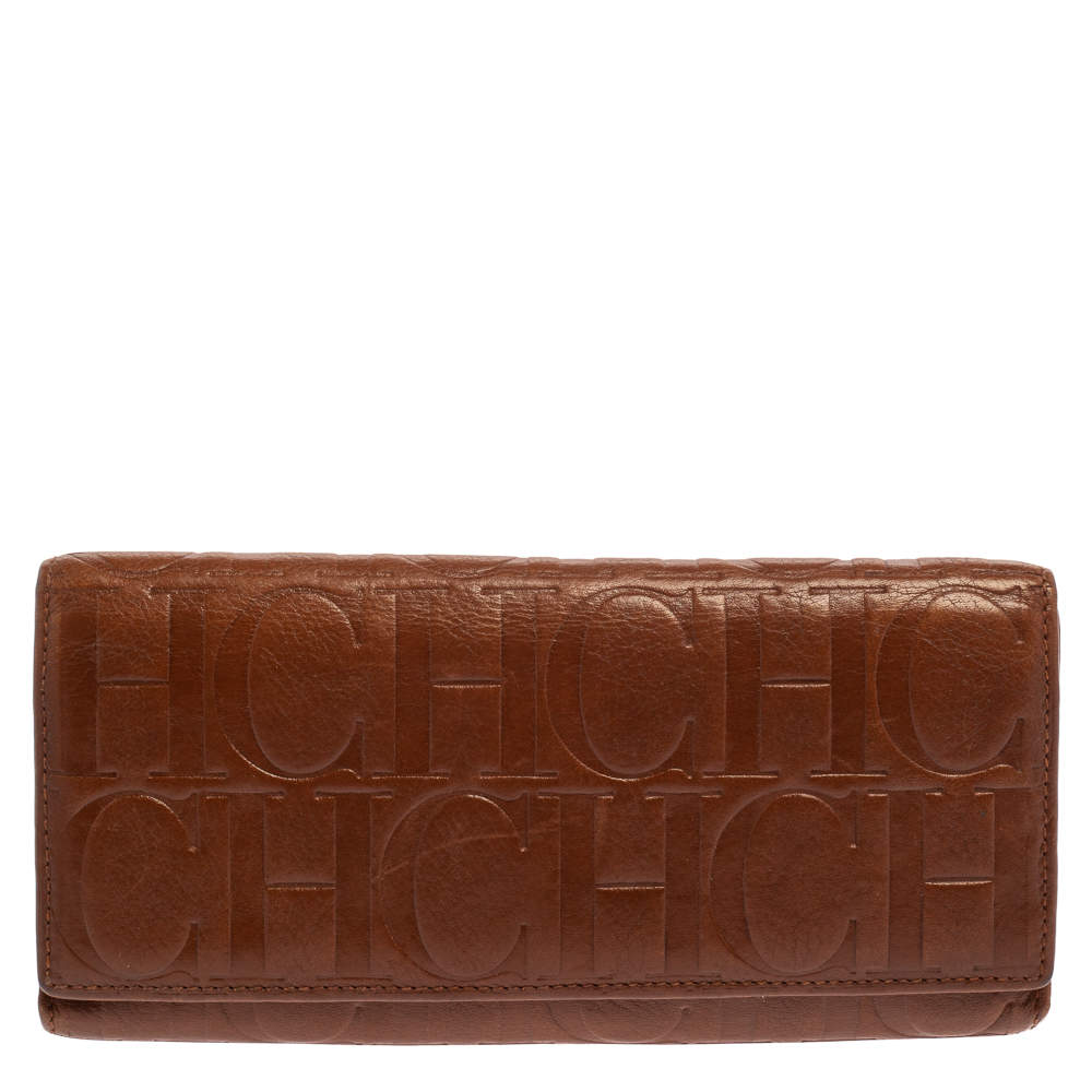 Pre Owned Carolina Herrera Brown Monogram Leather Continental Wallet
