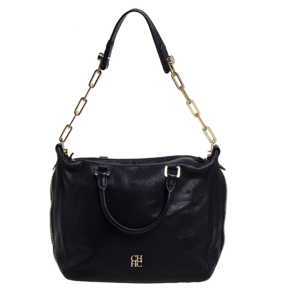 Pre Owned Carolina Herrera Black Leather Zip Satchel 