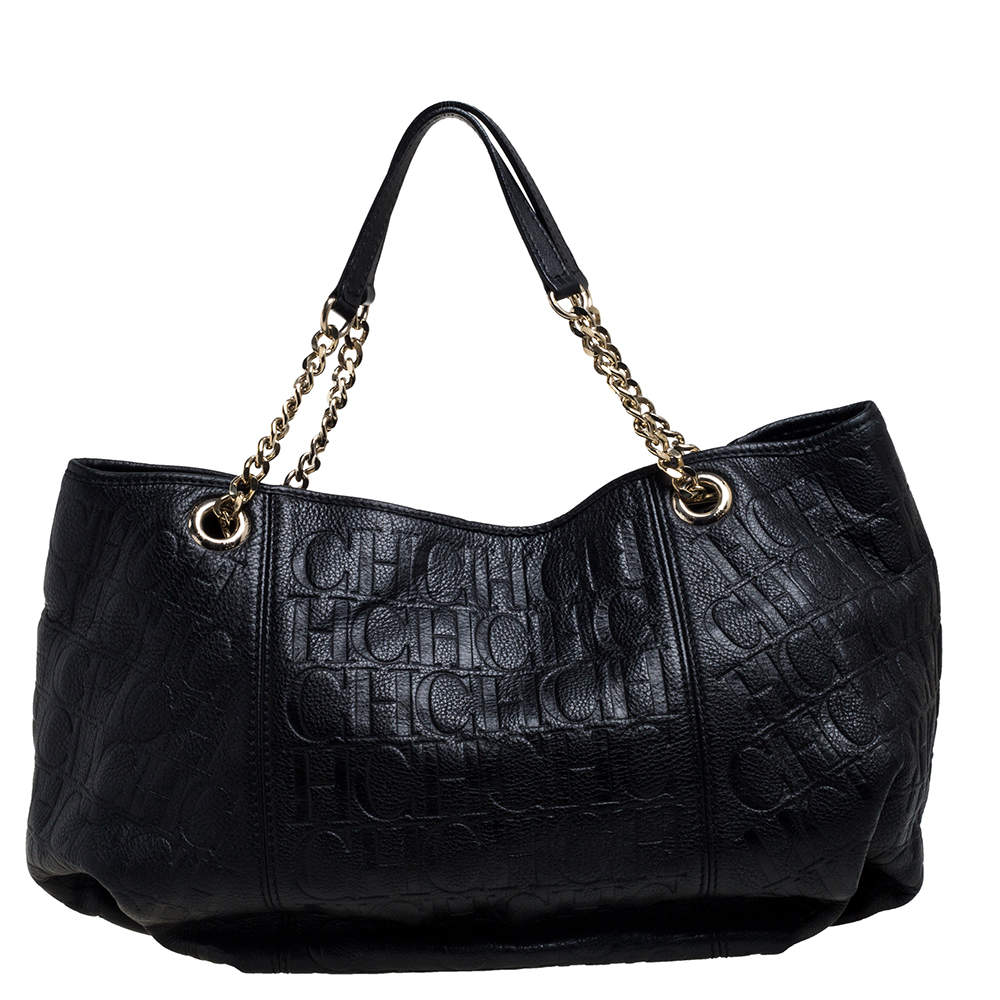 Pre Owned Carolina Herrera Black Monogram Leather Chain Hobo
