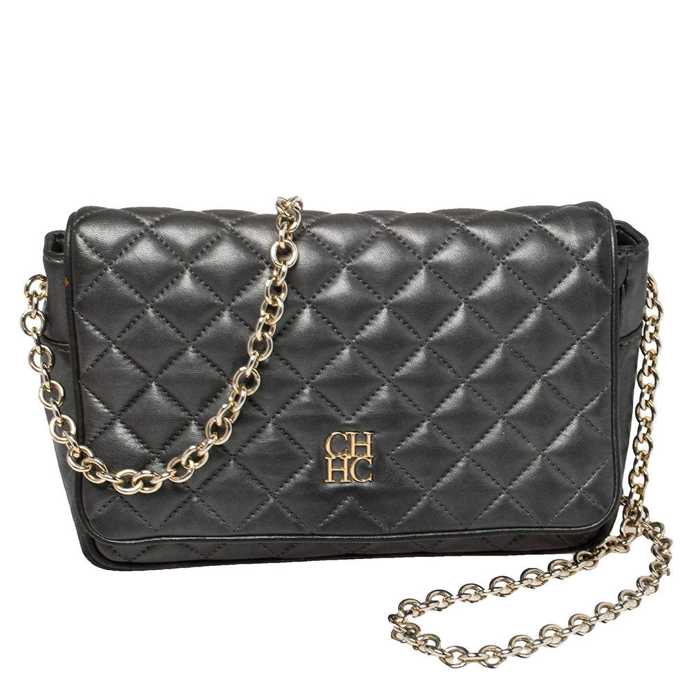Pre Owned Carolina Herrera Dark Grey Quilted Leather Flap Chain Bag