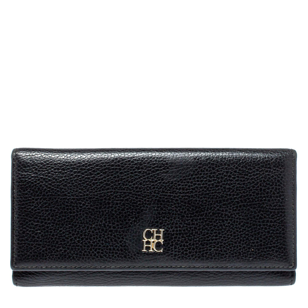 Pre Owned Carolina Herrera Black Leather Flap Continental Wallet