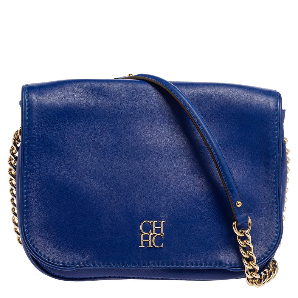 Pre Owned Carolina Herrera Blue Leather New Baltazar Flap Shoulder Bag