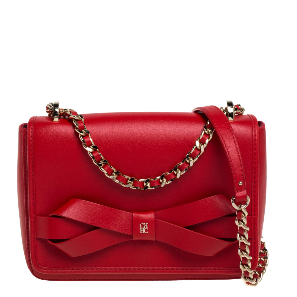 Carolina Herrera Red Leather Bow Flap Shoulder Bag
