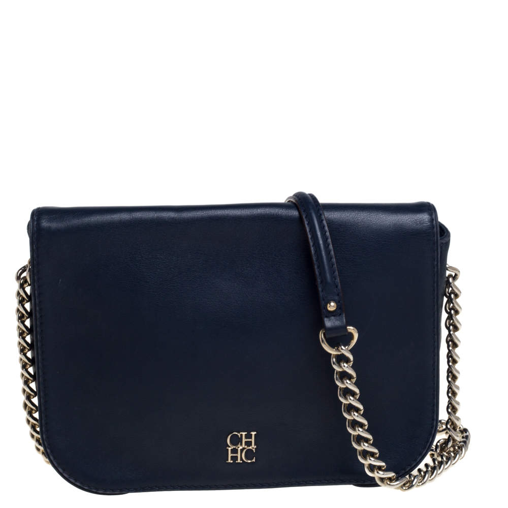 Pre Owned Carolina Herrera Navy Blue Leather Flap Chain Shoulder Bag