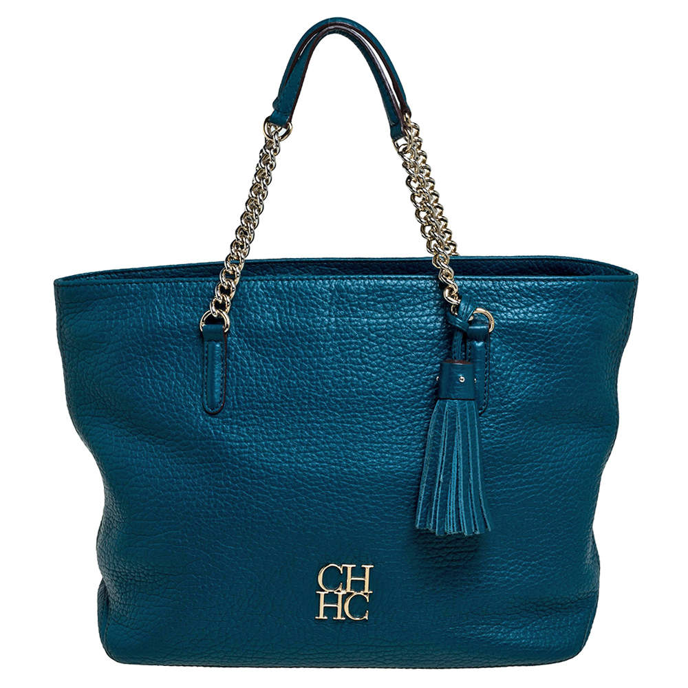 Pre Owned Carolina Herrera Dark Green Leather Tassel Zip Tote