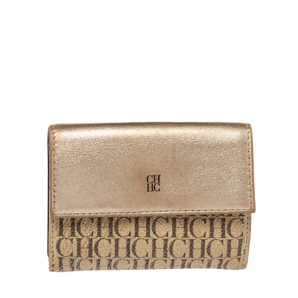 Mixed Compact Wallet in Coated Canvas, Gold Hardware