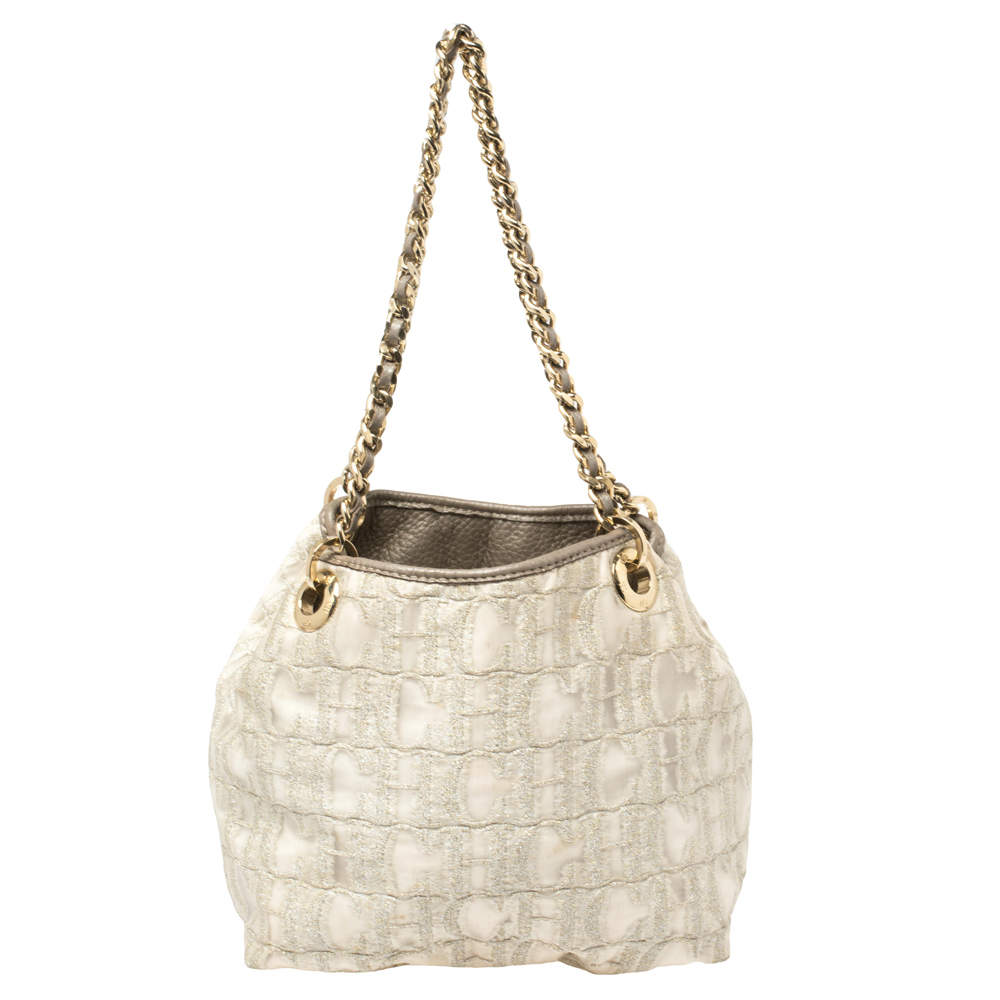 Pre Owned Carolina Herrera White/Grey Shimmer Monogram Fabric and Leather Chain Tote