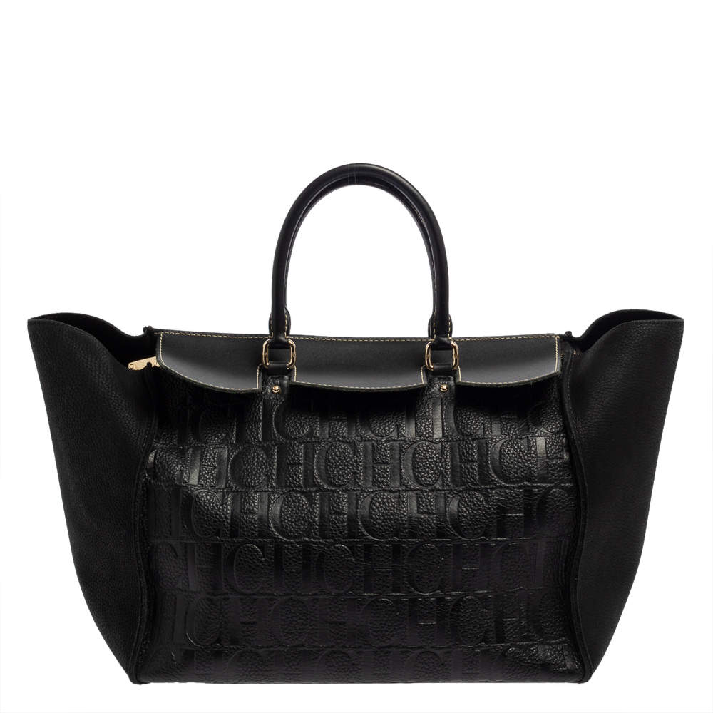 Pre Owned Carolina Herrera Black Monogram Embossed Leather Vendome Tote