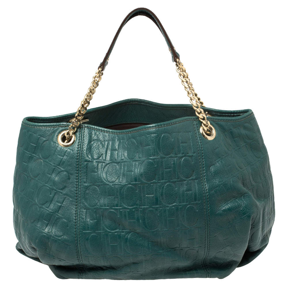 Pre Owned Carolina Herrera Green Monogram Leather Chain Hobo