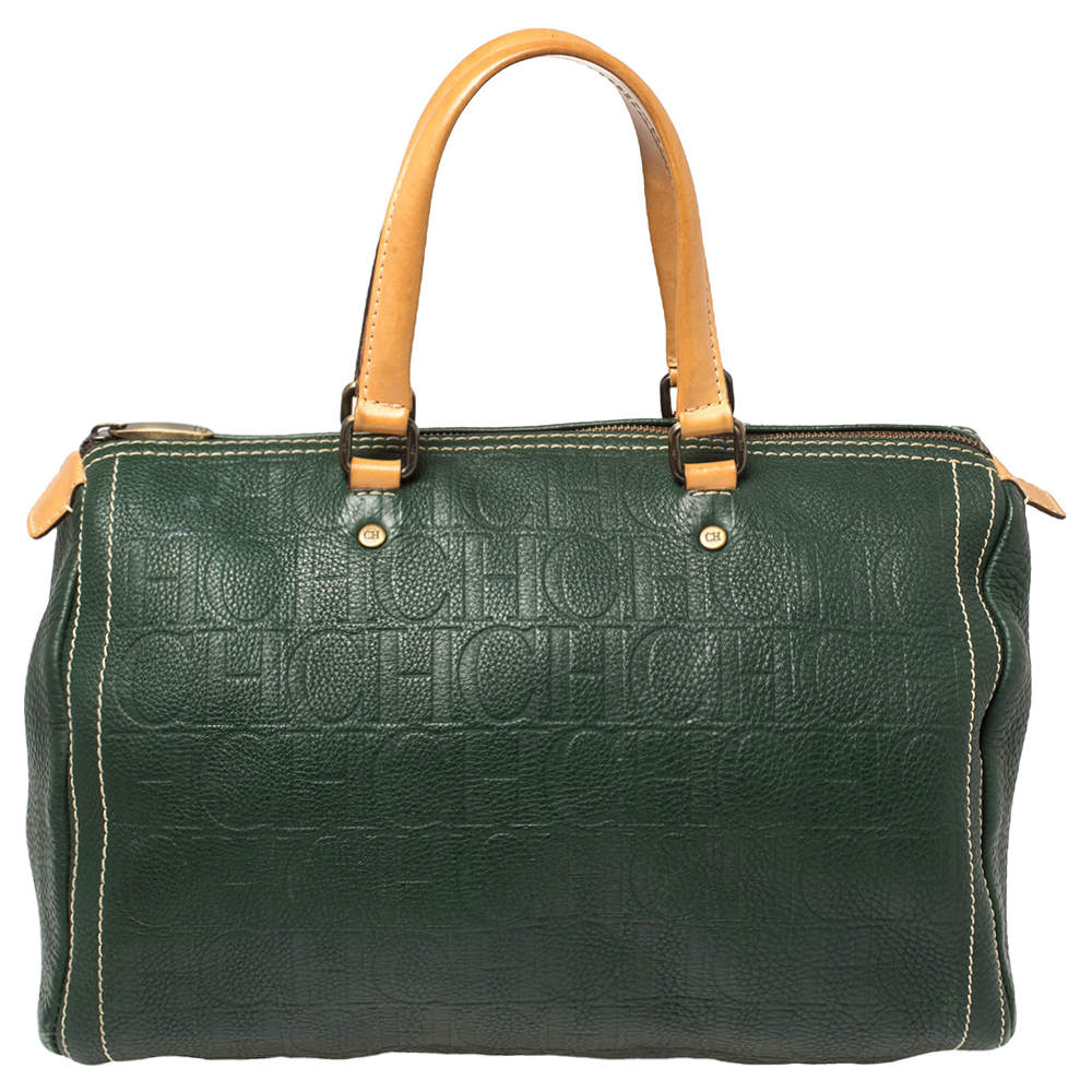 Pre Owned Carolina Herrera Green Monogram Leather large Andy Boston Bag