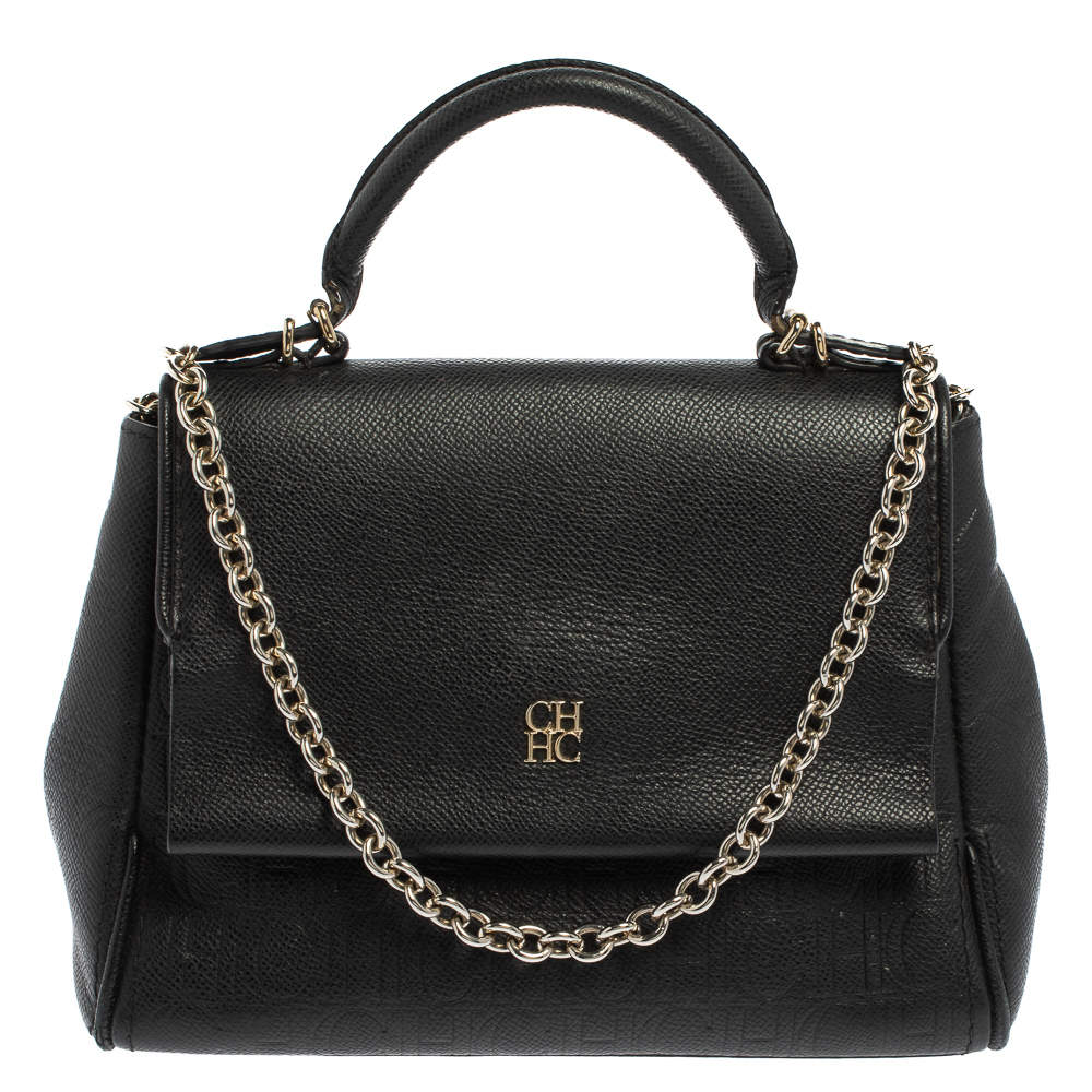 Pre Owned Carolina Herrera Black Leather Minuetto Flap Top Handle Bag