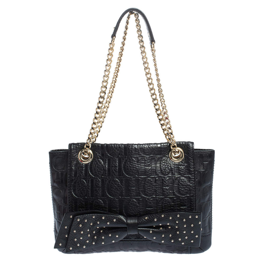 Pre Owned Carolina Herrera Black Studded Leather Audrey Shoulder Bag