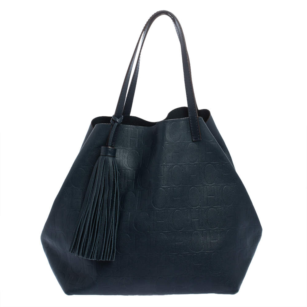 Pre Owned Carolina Herrera Blue Monogram Leather Matryoshka Tote