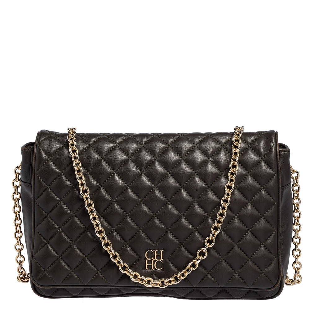 Pre Owned Carolina Herrera Deep Green Quilted Leather Flap Chain Shoulder Bag