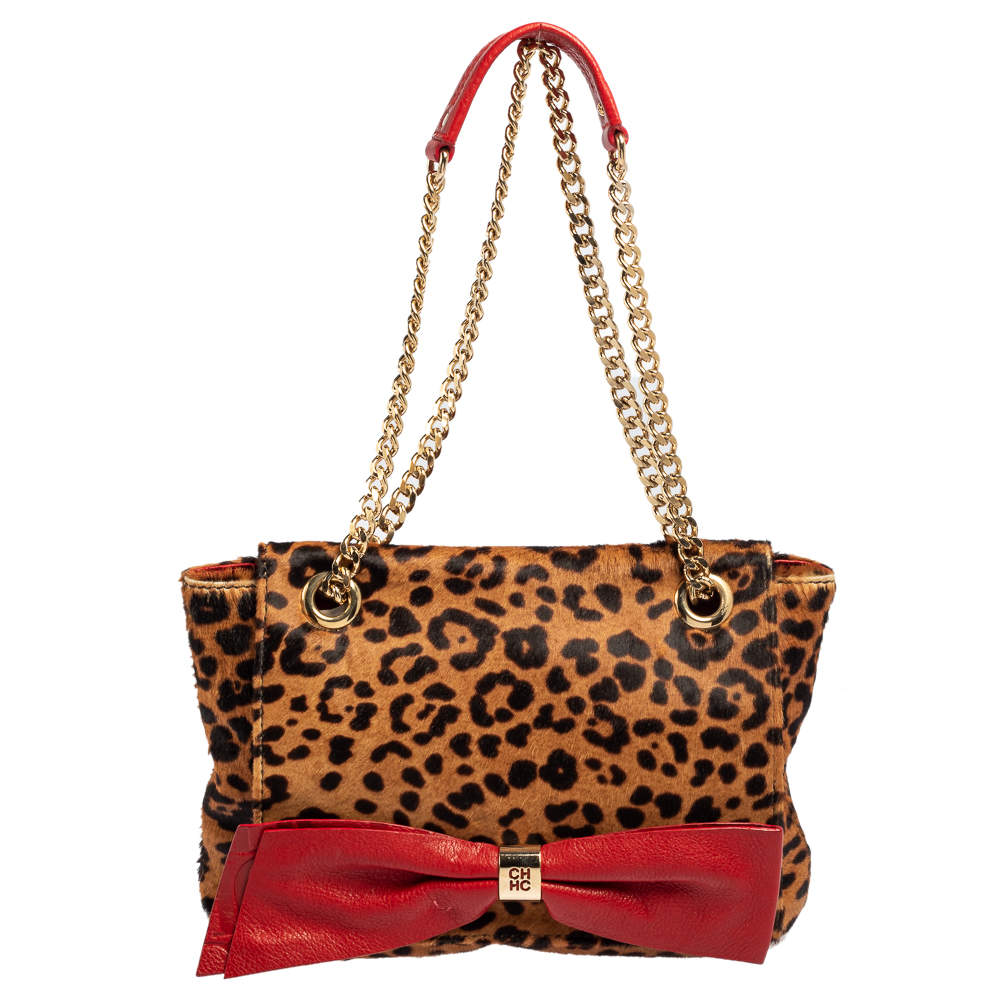 Pre Owned Carolina Herrera Brown/Red Leopard Print Calfhair and Leather Audrey Bow Shoulder Bag