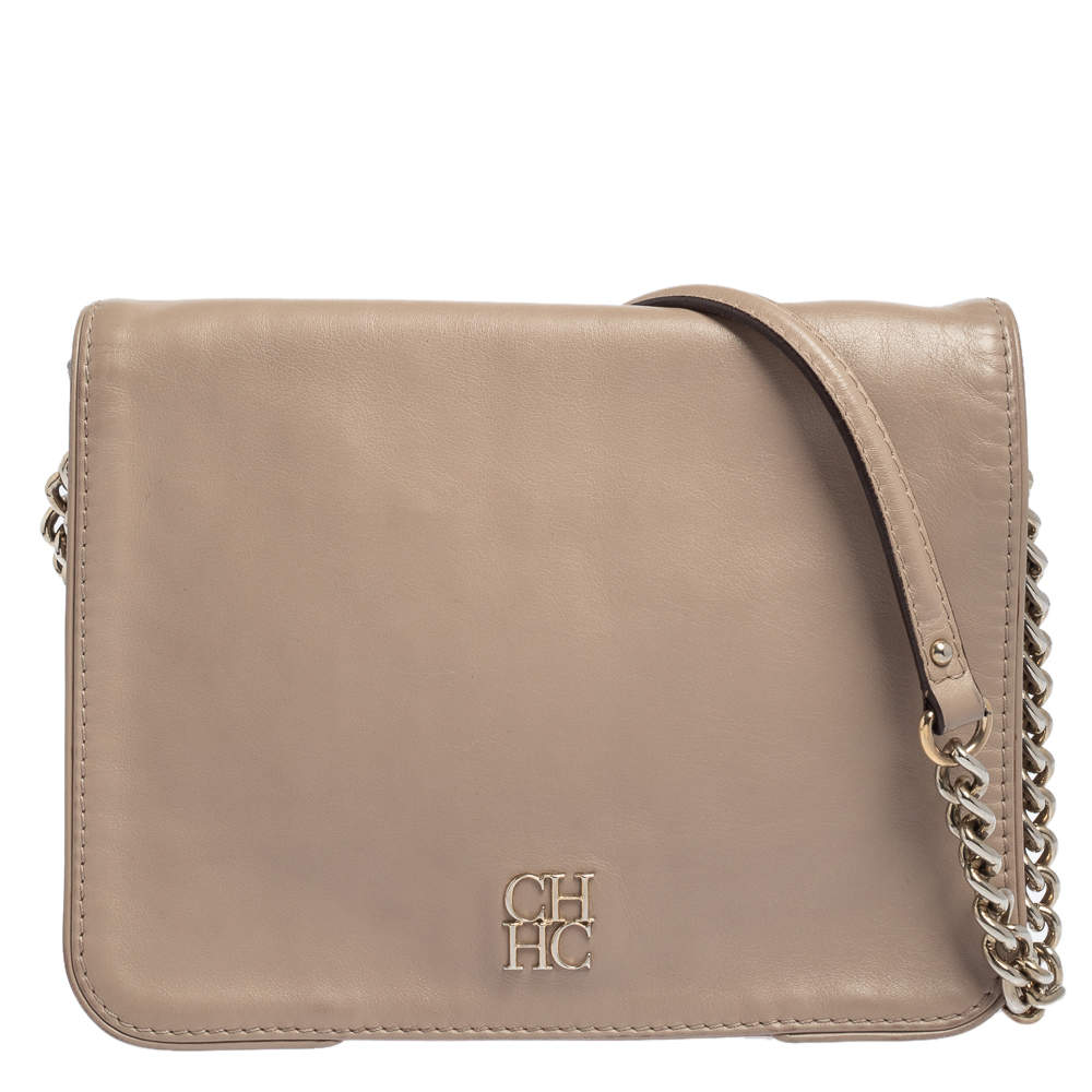 Pre Owned Carolina Herrera Beige Leather New Baltazar Flap Shoulder Bag