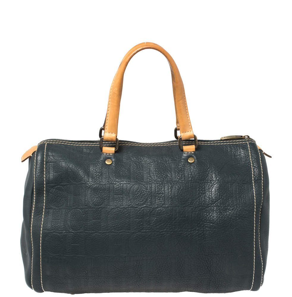 Pre Owned Carolina Herrera Navy Blue Monogram Leather Large Andy Boston Bag