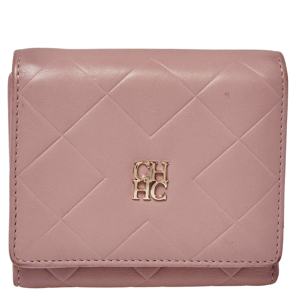 Pre Owned Carolina Herrera Nude Pink Quilted Leather Logo Flap Trifold Wallet
