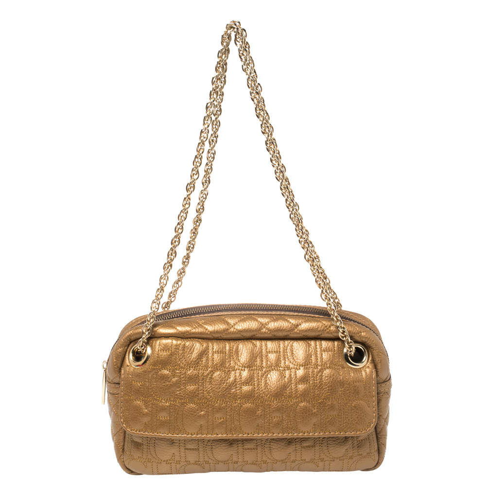 Pre Owned Carolina Herrera Bronze Leather Monogram Camera Bag