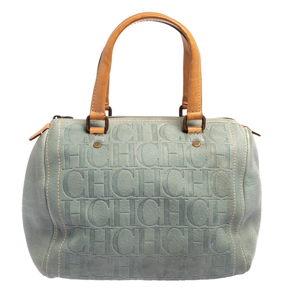 Pre Owned Carolina Herrera Powder Blue Monogram Embossed Leather Andy Boston Bag